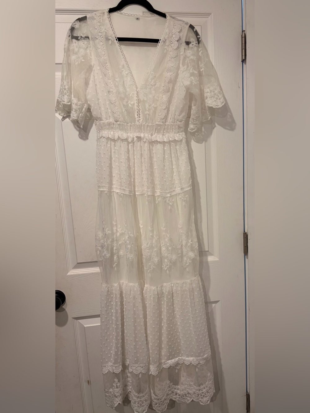 Elegant White Lace Maxi Dress - V-Neck, Sheer Tiered Skirt